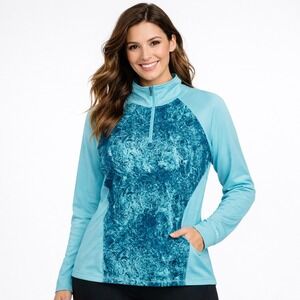 C9 Champion Duo Dry Womens XL Turquoise Teal Marble Print Quarter Zip Pullover